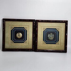 Framed Carved Jade Chinese Antique Art Featuring Round Pendant Double Fish Motif